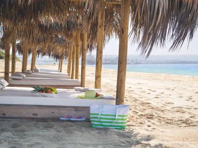 Reihen von Liegen unter Palmen am Sandstrand mit Blick auf das blaue Meer.