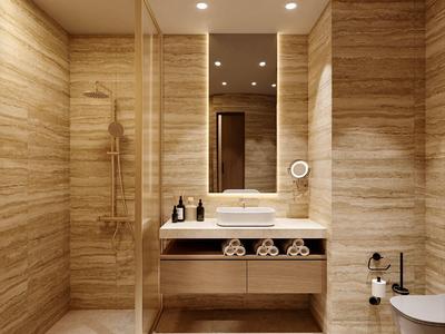 Moderne badkamer met houtlook tegels, dubbele wasbak en open plankconsole.