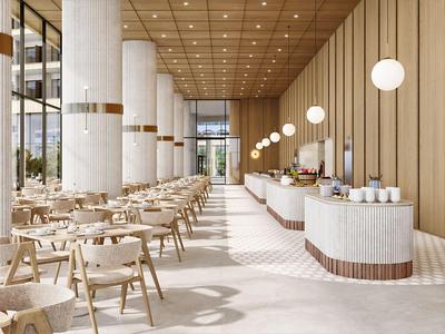 Licht, modern hotelrestaurant met houten stoelen, ronde zuilen en bolvormige plafondlampen.