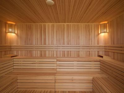 Locale sauna moderno ben illuminato con rivestimenti in legno e due applique murali.