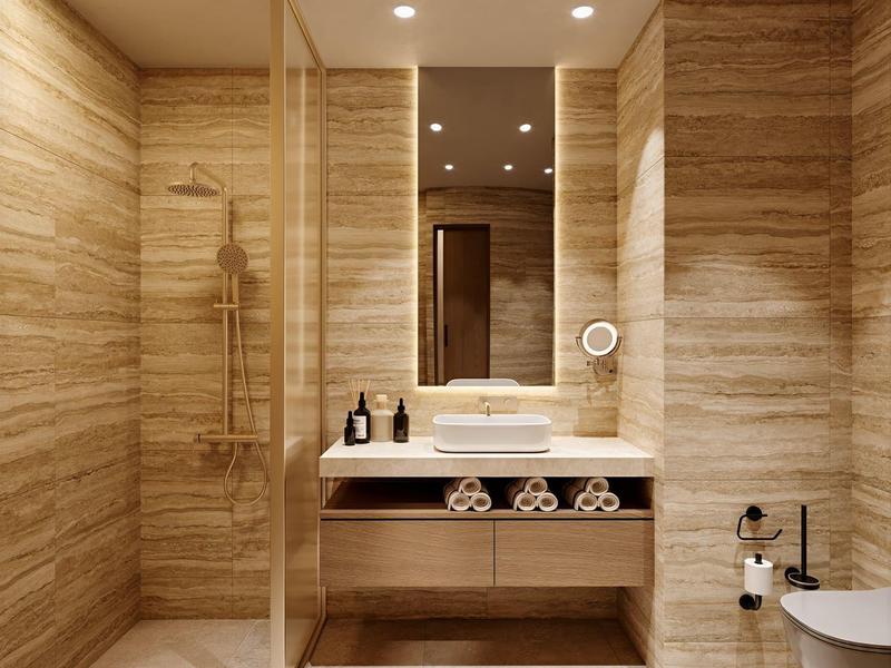 Moderne badkamer met houtlook tegels, dubbele wasbak en open plankconsole.