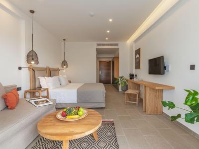 Habitación de hotel moderna con cama, sofá, mesa de madera y TV.