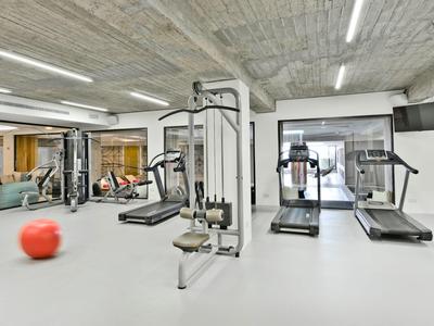 Gimnasio moderno con mancuernas, cintas de correr y equipo de entrenamiento en una habitación luminosa.