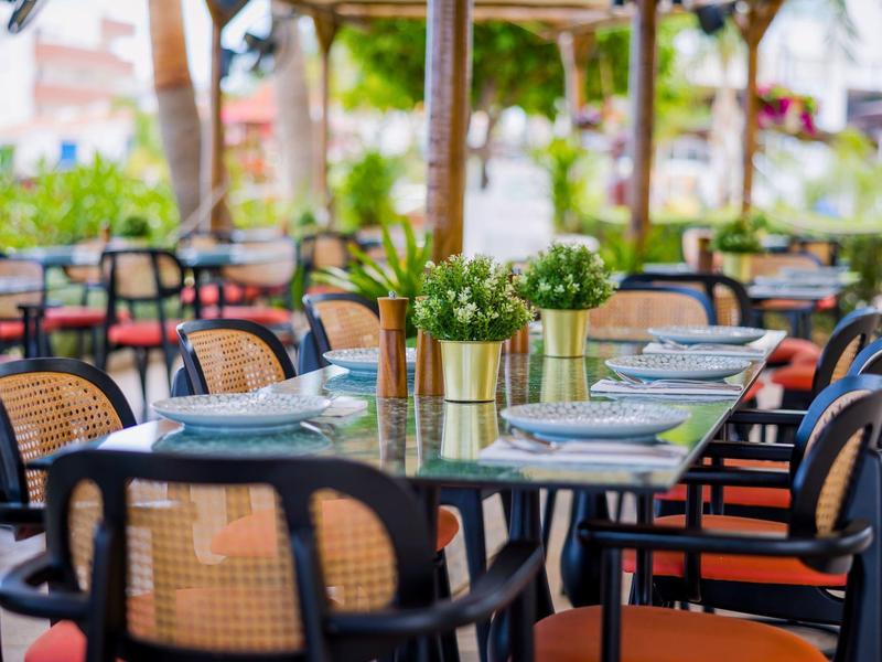 Table en plein air avec des chaises, dressée avec des assiettes et des plantes décoratives.