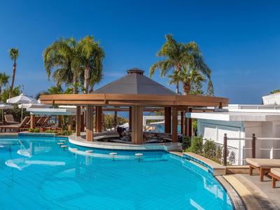 Moderner Pool mit Swim-up-Bar, Palmen und Liegestühlen unter klarem, blauem Himmel.
