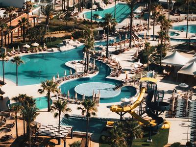Piscine d'hôtel de forme courbe, entourée de palmiers, transats et zones ombragées.