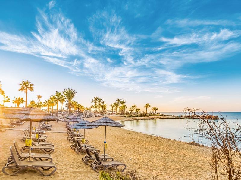 Sonniger Strand mit Palmen, Liegestühlen und klarem Himmel bei Sonnenuntergang.