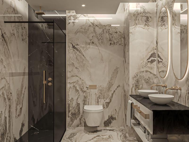 Modernes Badezimmer mit Marmorwänden, hängendem WC, schwarzer Glasdusche und Doppelwaschbecken.
