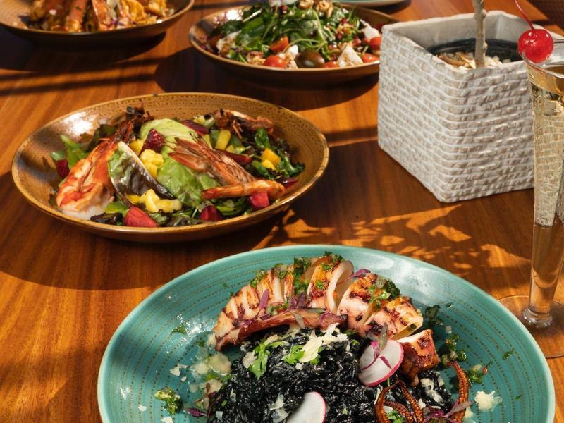 Bunte Gerichte auf einem Holztisch mit Meerblick, frische Zutaten und sommerliches Ambiente.