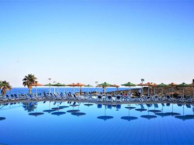 Großes Hotelpool mit blauer Wasseroberfläche, Liegestühlen und Sonnenschirmen unter klarem Himmel.