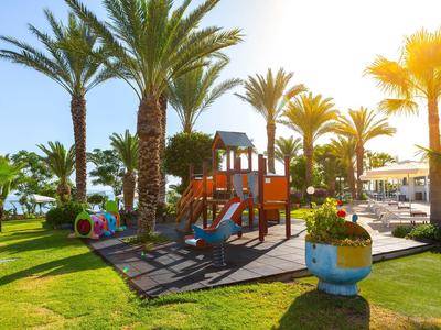 Aire de jeux pour enfants avec toboggan et structure d'escalade sous des palmiers ensoleillés