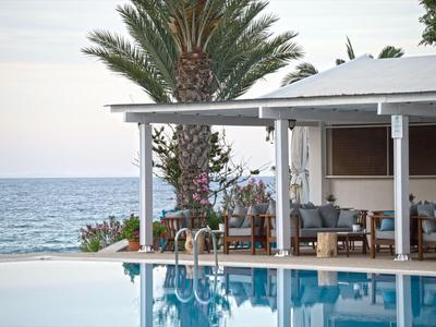 Poolbereich neben einer überdachten Lounge mit Palmen und Meerblick.