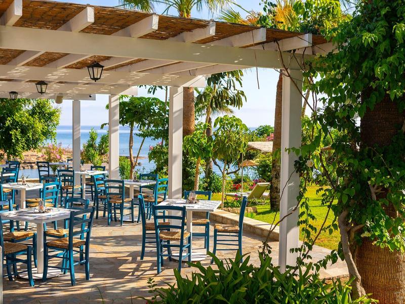 Restaurant en plein air avec des chaises bleues et vue sur l'eau par temps ensoleillé
