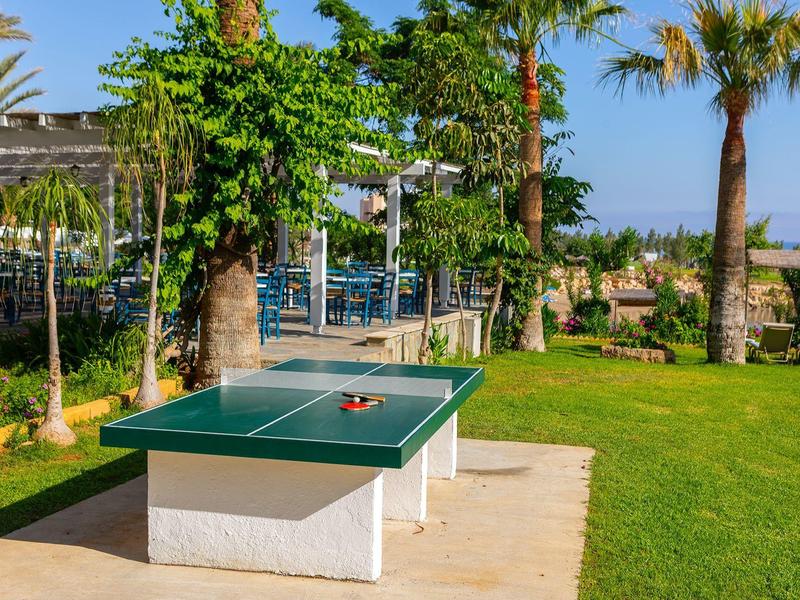Table de tennis de table dans un jardin soigné avec palmiers et espace de détente par temps clair