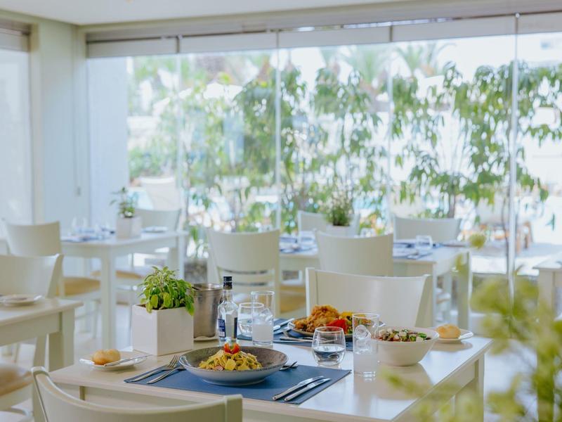 Helles, modernes Restaurant mit weißen Möbeln, großen Fenstern und grünen Pflanzen auf den Tischen.