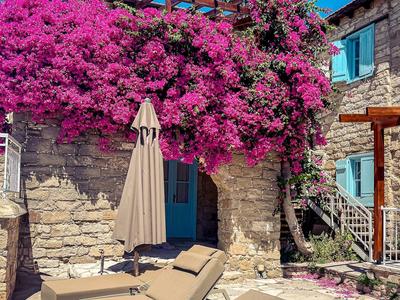 Zwei Liegestühle und ein Sonnenschirm vor Steinmauer mit blühendem pinkfarbenem Bougainvillea.