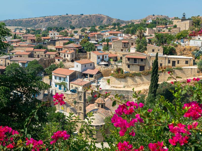 Blick auf ein sonnendurchflutetes Dorf mit Häusern und blühenden pinken Blumen im Vordergrund.