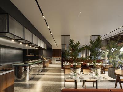 Nowoczesne wnętrze hotelu lub restauracji z stołami, krzesłami i zielonymi roślinami.