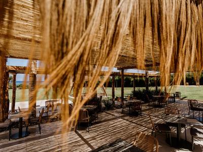 Überdachte Terrasse mit Holzboden und Stühlen, umgeben von Grünflächen.