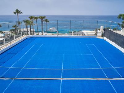 Campo da tennis blu con vista sul mare e palme sullo sfondo in una giornata di sole.