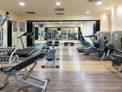 Gimnasio moderno con diversas máquinas de ejercicio y suelo de madera en un hotel.