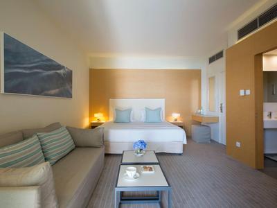 Moderně zařízený hotelový pokoj s postelí, pohovkou a přístupem do koupelny.