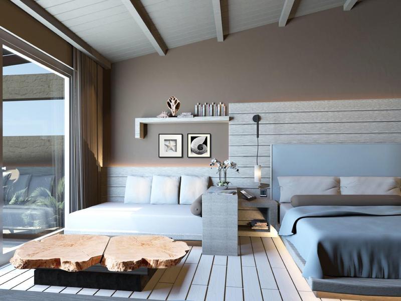 Modernes Schlafzimmer mit großen Fenstern, Holzboden, zwei Betten und natürlichem Licht.