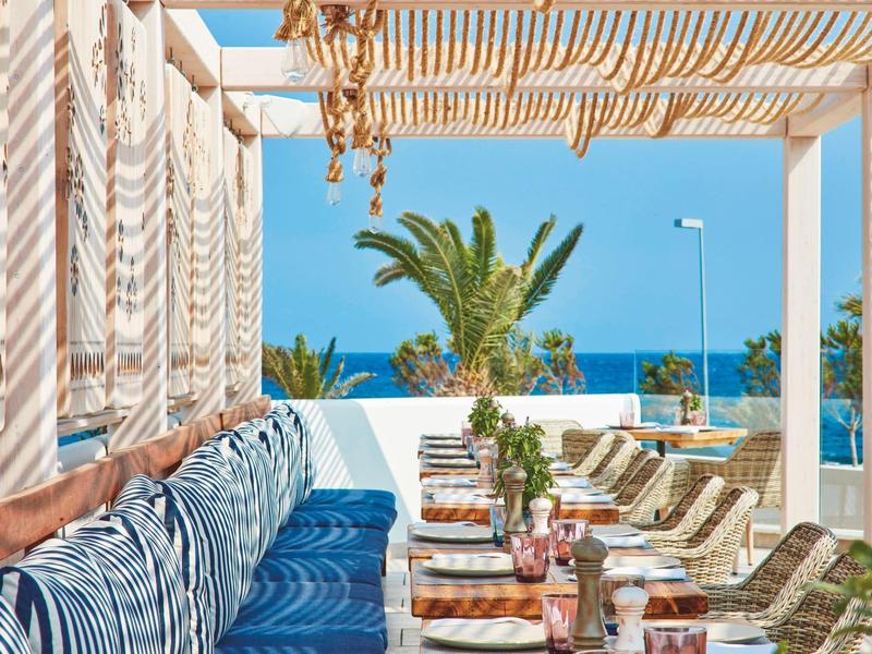 Terrasse mit blauen Sitzkissen, weißen Tischen, Liegestühlen und Blick aufs Meer hinter Palmen.