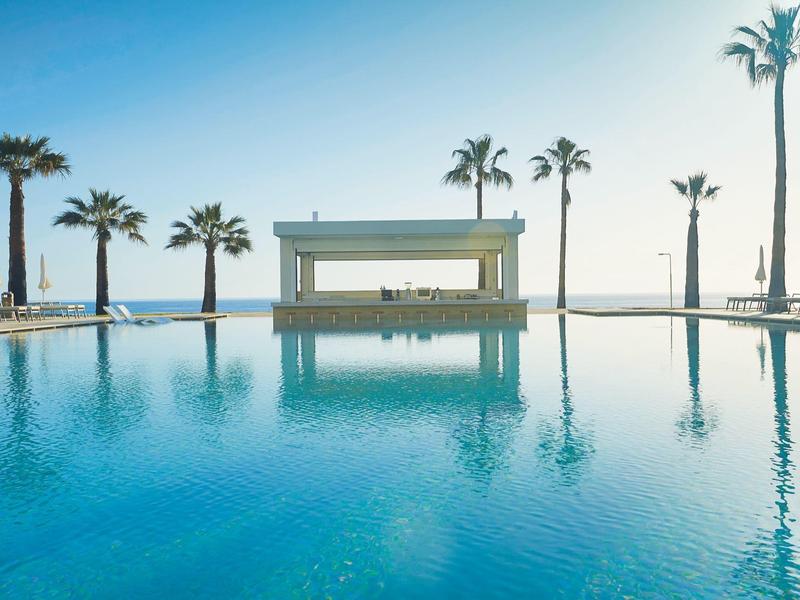Infinity pool with clear blue water and palm trees in the background under clear sky.