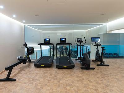 Moderní posilovna s veslovacím trenažérem, třemi běžeckými pásy, veslařským ergometrem a dvěma stacionárními koly.