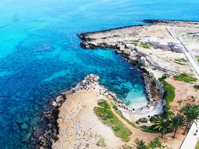 Costa con acqua azzurra limpida, penisola rocciosa e palme sulla spiaggia.