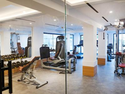 Palestra moderna con varie attrezzature per allenamento e manubri in una stanza luminosa e spaziosa.