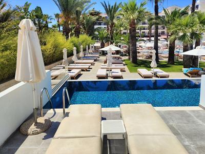 Moderner Hotelpool mit blauen Wasserbecken, Sonnenliegen und vielen Palmen im Hintergrund.