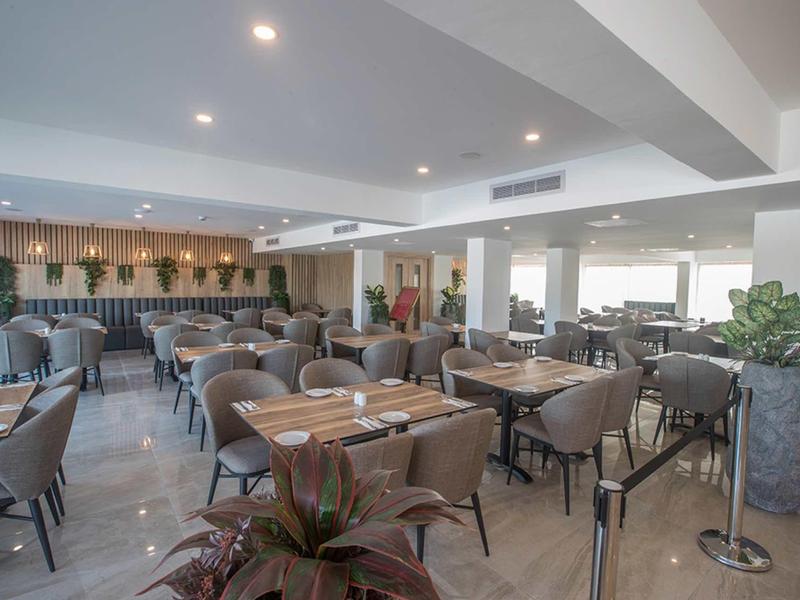 Großer, moderner Speisesaal mit grauen Stühlen, Tischdecken und Pflanzen entlang der Fensterfront.