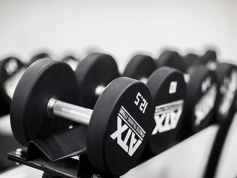 Mehrere schwarze Kurzhanteln mit Metallgriffen liegen in einem geordneten Regal.