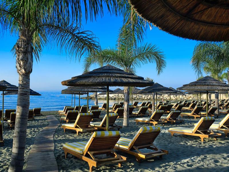 Sun loungers and straw umbrellas in shade on the beach with palm trees and sea view.