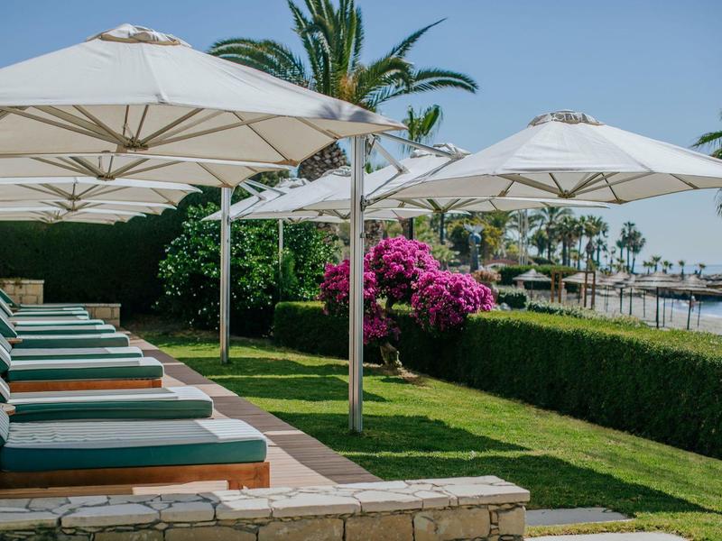 Lounge chairs with blue cushions under white umbrellas beside green grass and palm trees.