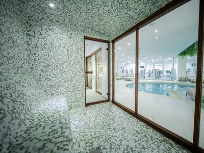 Moderner Wellnessbereich mit Mosaikwand und Blick auf großen, hellen Innenpool durch Glaswand.