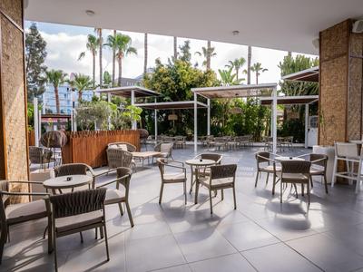 Offene Terrasse mit Stühlen und Tischen, umgeben von Palmen und grünen Pflanzen unter sonnigem Himmel.