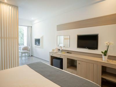 Moderner Hotelzimmerbereich mit Holzmöbeln, Wand-TV, Schreibtisch und Blick auf Balkon mit Tageslicht.