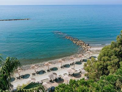 View of a sandy beach with sun umbrellas and shrubs by the sea.