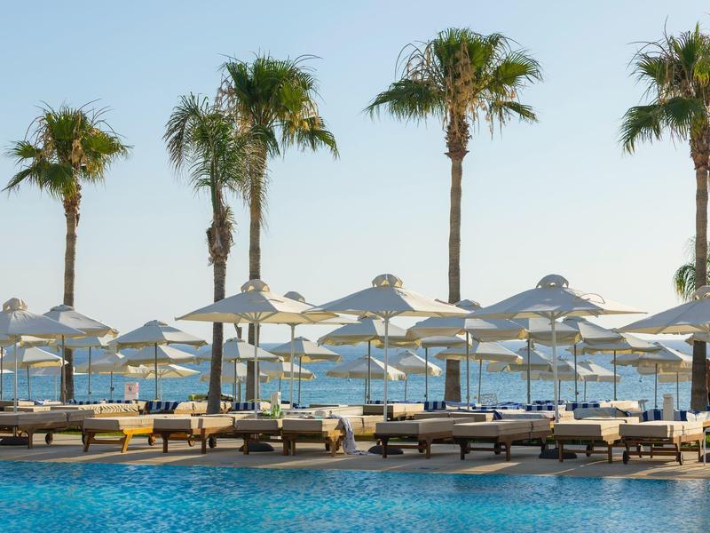 Pool mit blauer Wasserfläche, Liegen und weißen Sonnenschirmen vor Palmen und Meer im Hintergrund.