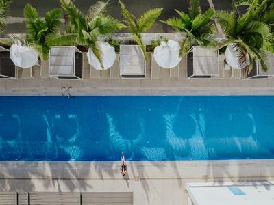 Blauer Pool mit Person am Rand und grünen Pflanzen in weißen Töpfen auf Fliesenboden.