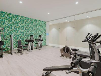 Moderner Fitnessraum mit Kardio- und Kraftgeräten vor einer grünen Wand.