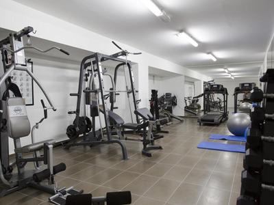 Moderner Fitnessraum mit verschiedenen Trainingsgeräten und, Hanteln in einem gut beleuchteten Raum.