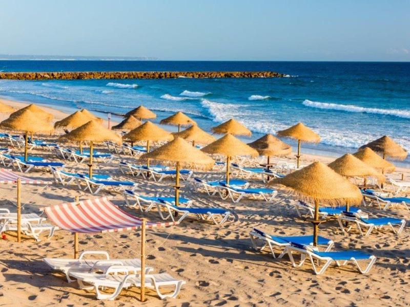Playa con muchas tumbonas y sombrillas de paja bajo el sol junto al mar con olas.