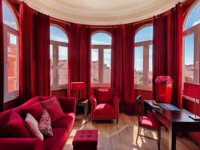 Elegante soggiorno con tende rosse, mobili coordinati, grandi finestre e pavimento in legno.