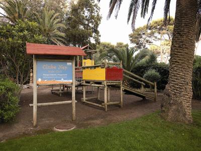 Outdoor playground with wooden structures and slides surrounded by palm trees and greenery.