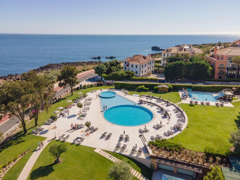 Aerial view of a hotel pool area with lounge chairs, green lawn, and sea in the background.