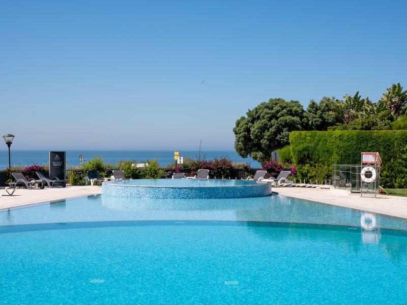Clear blue swimming pool with ocean view and greenery under a sunny sky.